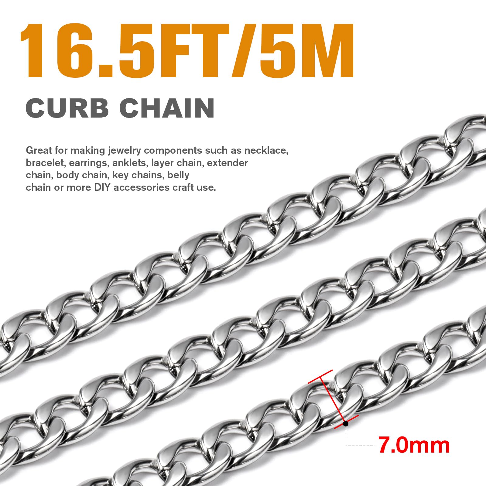 16.5 Ft Stainless Steel Curb Chains, 5mm 6mm 7mm 9mm Cuban Chain Roll Bulk for Jewelry Making