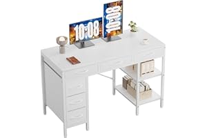 Sweetcrispy 47" Computer Desk with 6 Drawers, Home Office Gaming Desks with Storage Shelves for Bedroom, Writing Study Corner Living Room Work Table White