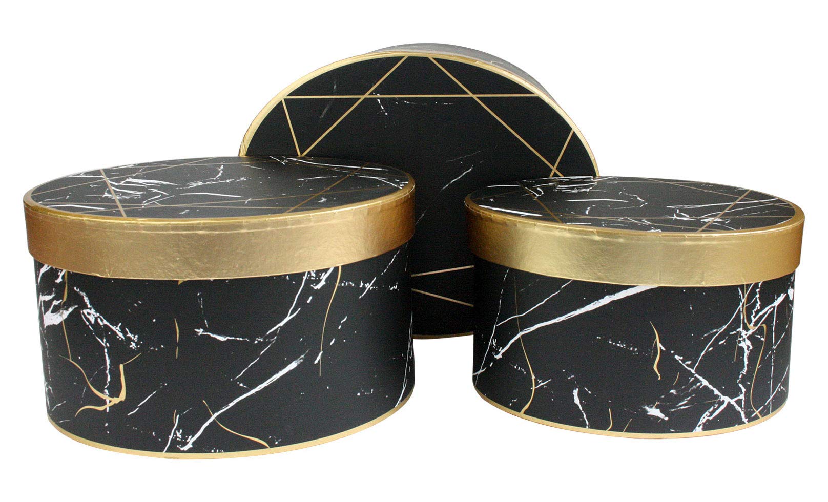 Emartbuy Set of 3 Gift Box, Black/White Marble Pattern, Gold Lines and Gold Trimmed Lid