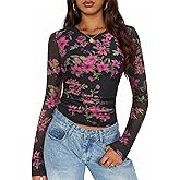 ZESICA Womens 2026 Spring Floral Mesh Going Out Tops Long Sleeve Crewneck Slim Fit Ruched Y2k Shirt Beach Vacation Outfit