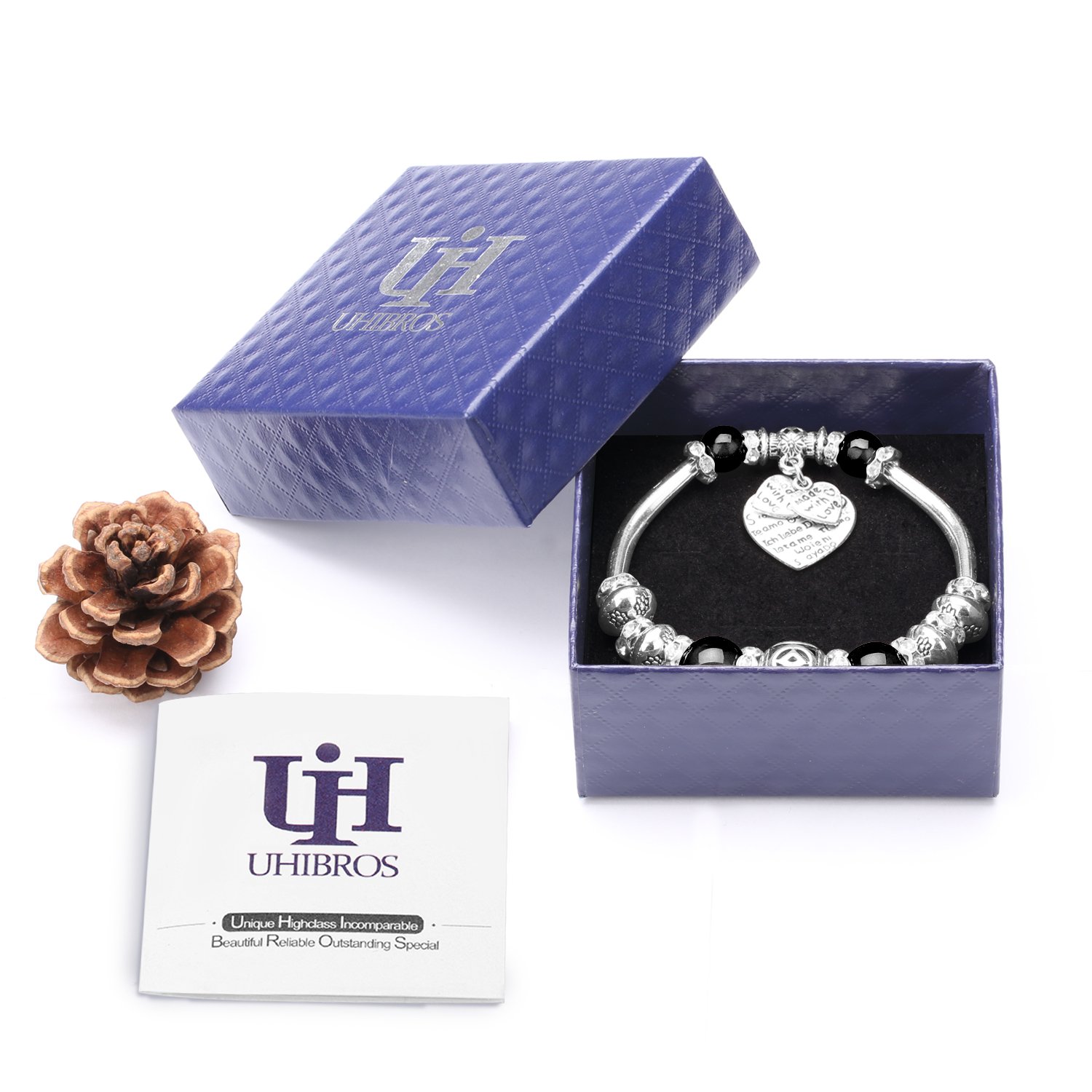 UHIBROS Silver Plated Bangles Snake Chain Pink Crystal Beads Love Heart Beads Glass Charm Bracelet For Women Girl\'s Christmas Birthday Anniversary Valentine\'s day Valentine Gift