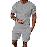 FcuteL Mens Track Suits 2 Piece Set T Shirts Shorts Sets Fashion Retro Textured Sweatsuit Vacation Cruise Outfits