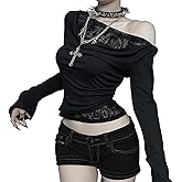 TSMNZMU Womens Gothic Crop Tops Sexy Slim Off The Shoulder Long Sleeve T Shirt Y2k Grunge Lace Patchwork Clothes