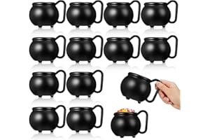 WGXX 12/24 Pcs Halloween Cauldron Mug 12 oz Black Plastic Cauldron Candy Pot Kettle Witch Brew Mugs Halloween Party Cups Witch Party Supplies (12)