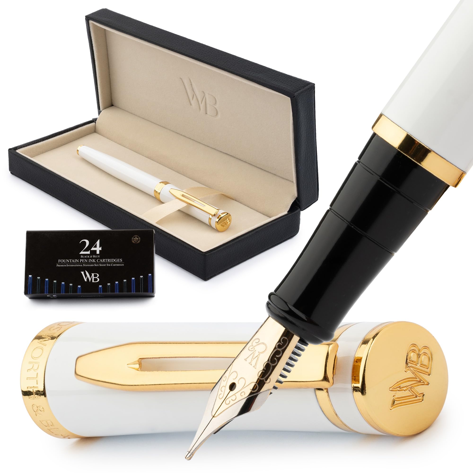 Wordsworth & Black Fountain Pen Set, Medium Nib, Includes 06 Ink Cartridges and Ink Refill Converter, Gift Case, Journaling, Calligraphy, Smooth Writing Pens [White Gold], Perfect for Men and Women