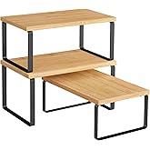 SONGMICS Cabinet Organizer Shelf, Set of 3 Kitchen Counter Shelves, Kitchen Storage, Spice Rack, Stackable, Expandable, Ink Black and Natural Beige UKCS014YL03