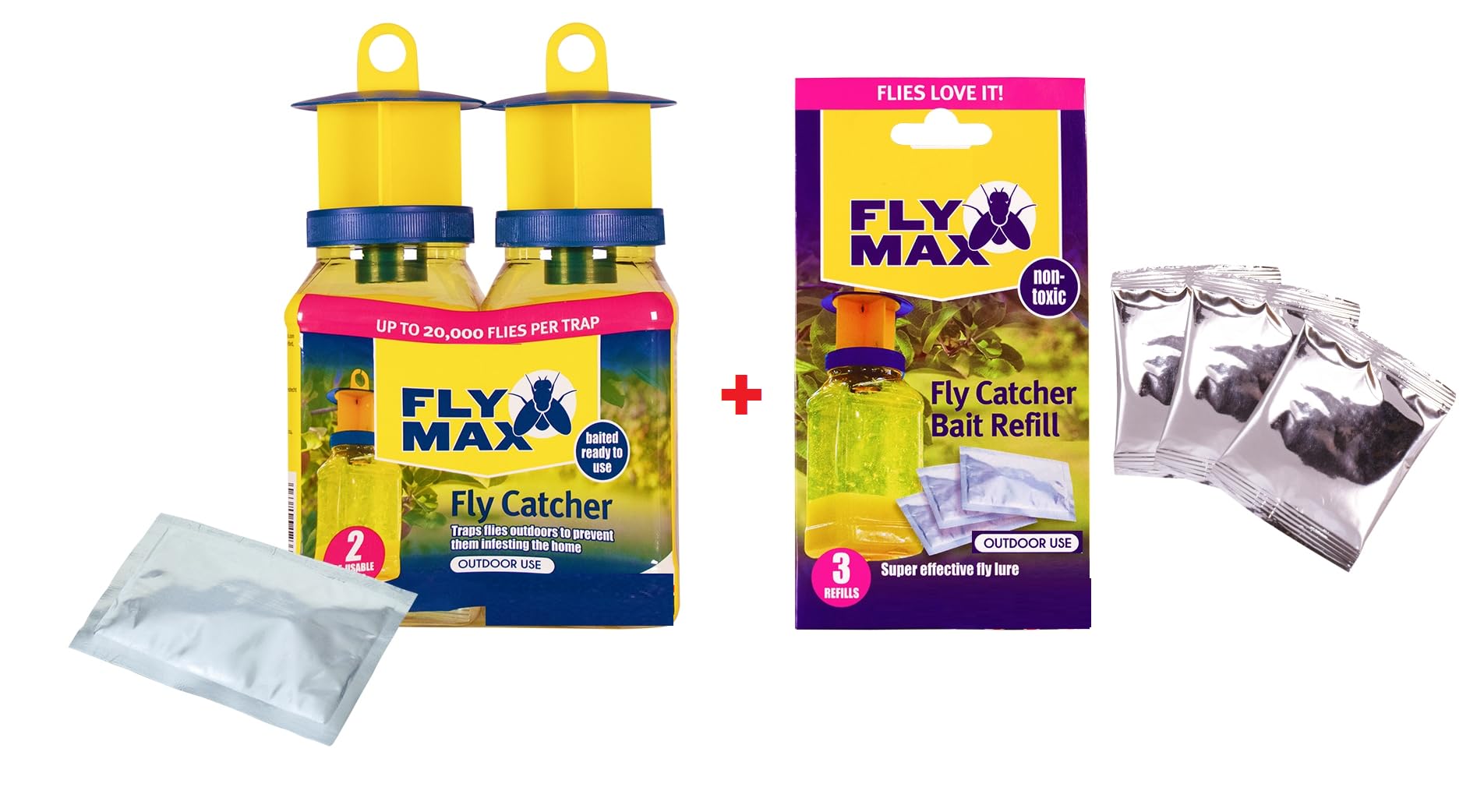 SK INFINITY | Fly Max Fly Catcher | Super Effective, Refillable, with Super Fly, and Flying Insect Attractant for Outdoor Use| Ready To Use | Poison Free (Twinpack + Refills)
