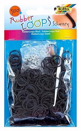 folia 331590 - Rubber Loops, inklusive 25 S - Clips und 1 Häkelnadel, 500 Gummibänder, schwarz
