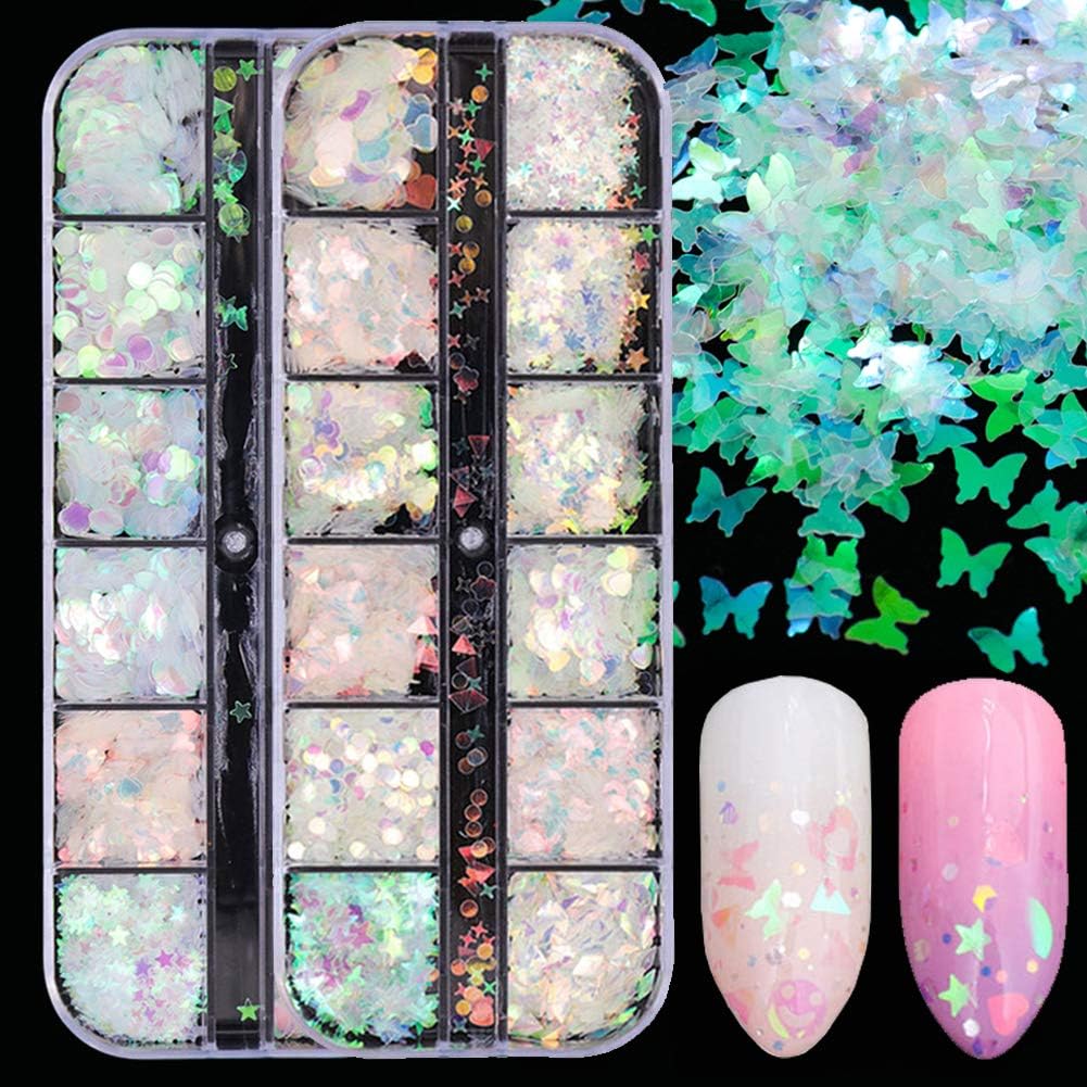 24 Shapes Holographic Nail Sequins Iridescent Mermaid Flakes Nail Glitter Nail Art Design Confetti Glitter Stickers Decals Manicure Nail Art Accessories Make Up DIY Nail Decorations