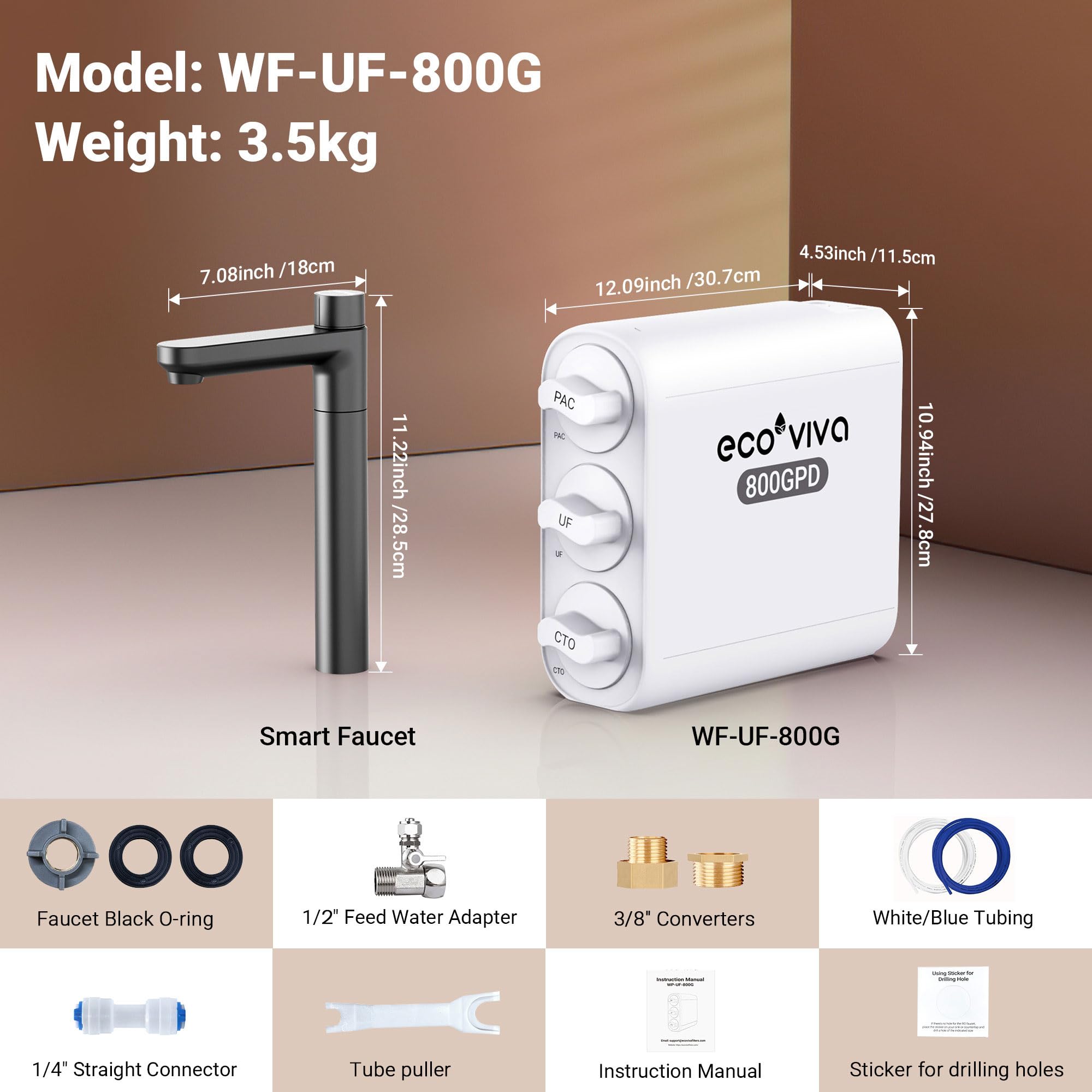 Ecoviva 0.01μm Ultra-Filtration Under Sink Water Filter, 4-Stage 800GPD Tankless Water Filtration System, Compact Design, No Electricity & Zero Wastewater, Preserves Beneficial Minerals, NO Reduce TDS