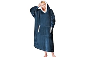 yescool Wearable Blanket Hoodie, Flannel Sherpa Fleece Blanket Sweatshirt for Adults Women Men, Big Plush Cozy Hooded Blanket with Hood, Pocket & Sleeves, Large, One Size Fits All (Navy Blue)