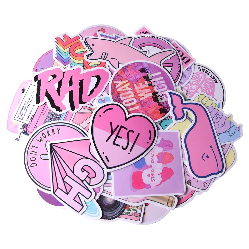 Girls Stickers for Water Bottles, 53 Pack Pink Hydro Flask Stickers Cute Trendy Laptop Stickers Waterproof Cellphone Skateboard Luggage Stickers for Teen Kids