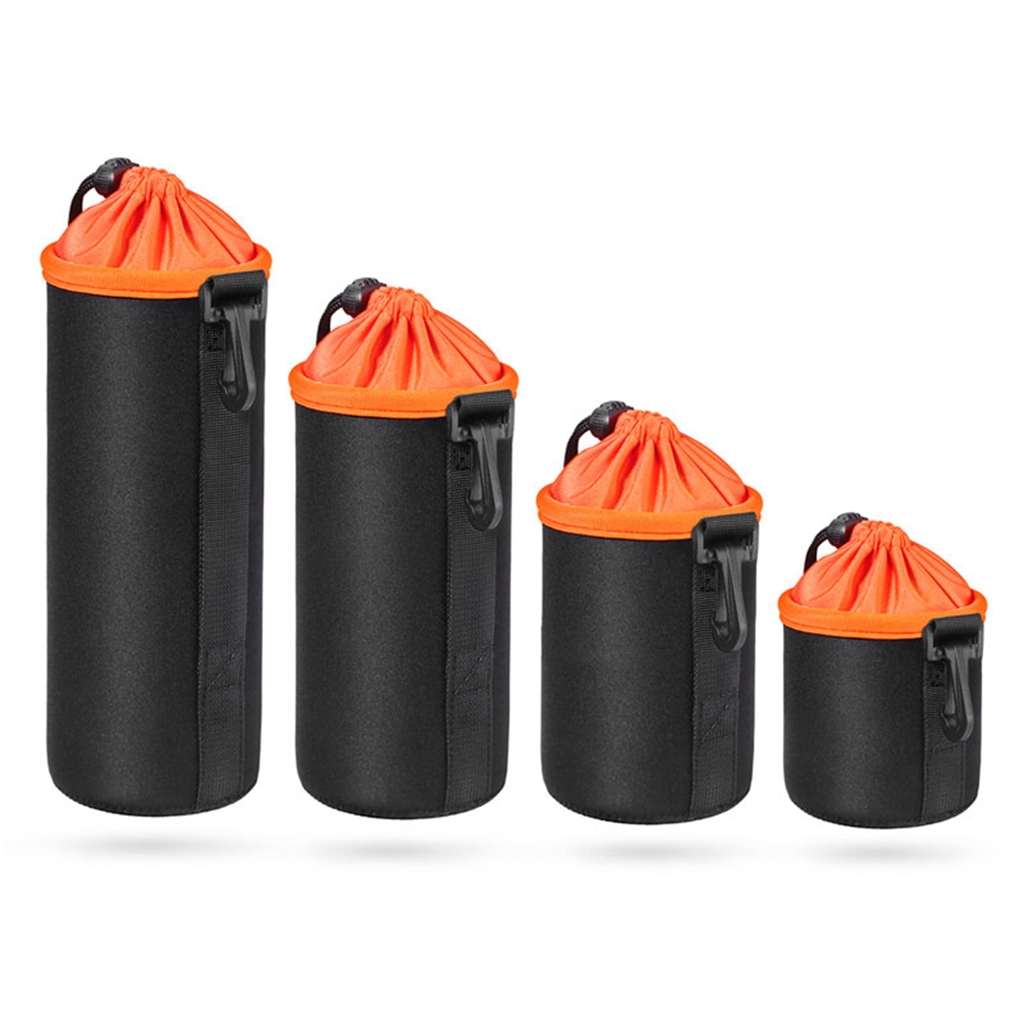 XUBX Set of 4 Thick Lens Pouch Case, Water Resistant Protective Lens Bags, Waterproof Camera Lens Protector with Plus Fleece Lining for DSLR Lens, Hook and Drawstring Design (S,M,L,XL), Black