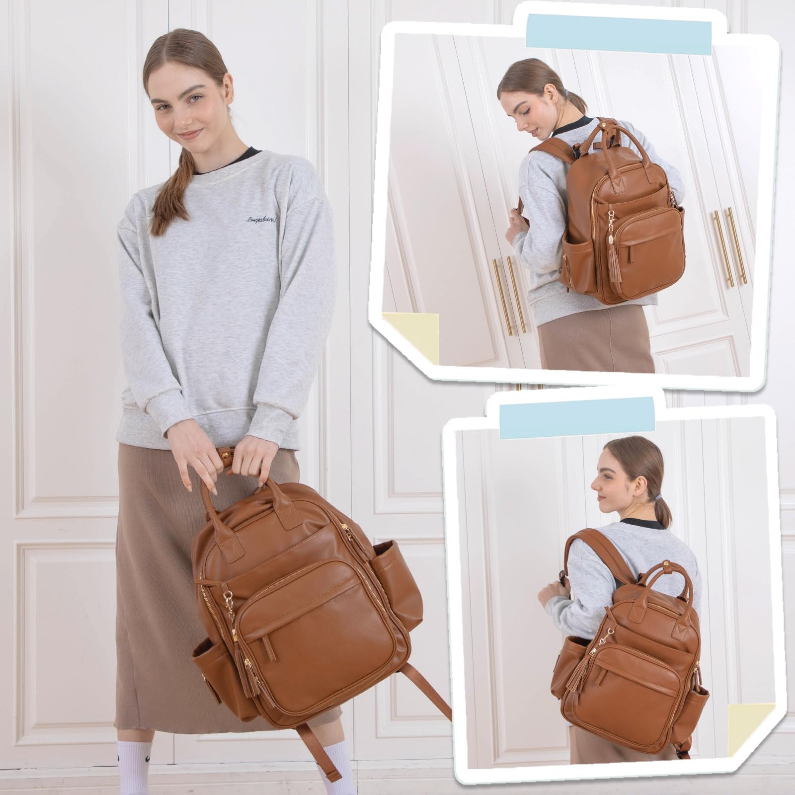 Diaper Bag Backpack,Leather Baby Bag with 16 Pockets,Large Travel Diaper Backpack,Baby Essential Organizer,4 Insulated Pockets,Changing Pad,Brown