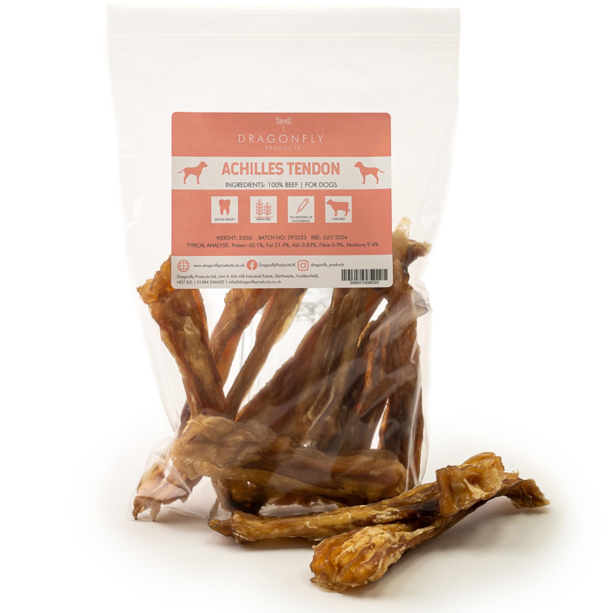 Dragonfly Products, Beef Achilles Tendon 100% Beef, Good for Aggressive Chewers, Long Lasting, High in Protein, Suitable for puppies 12 weeks+. 250g