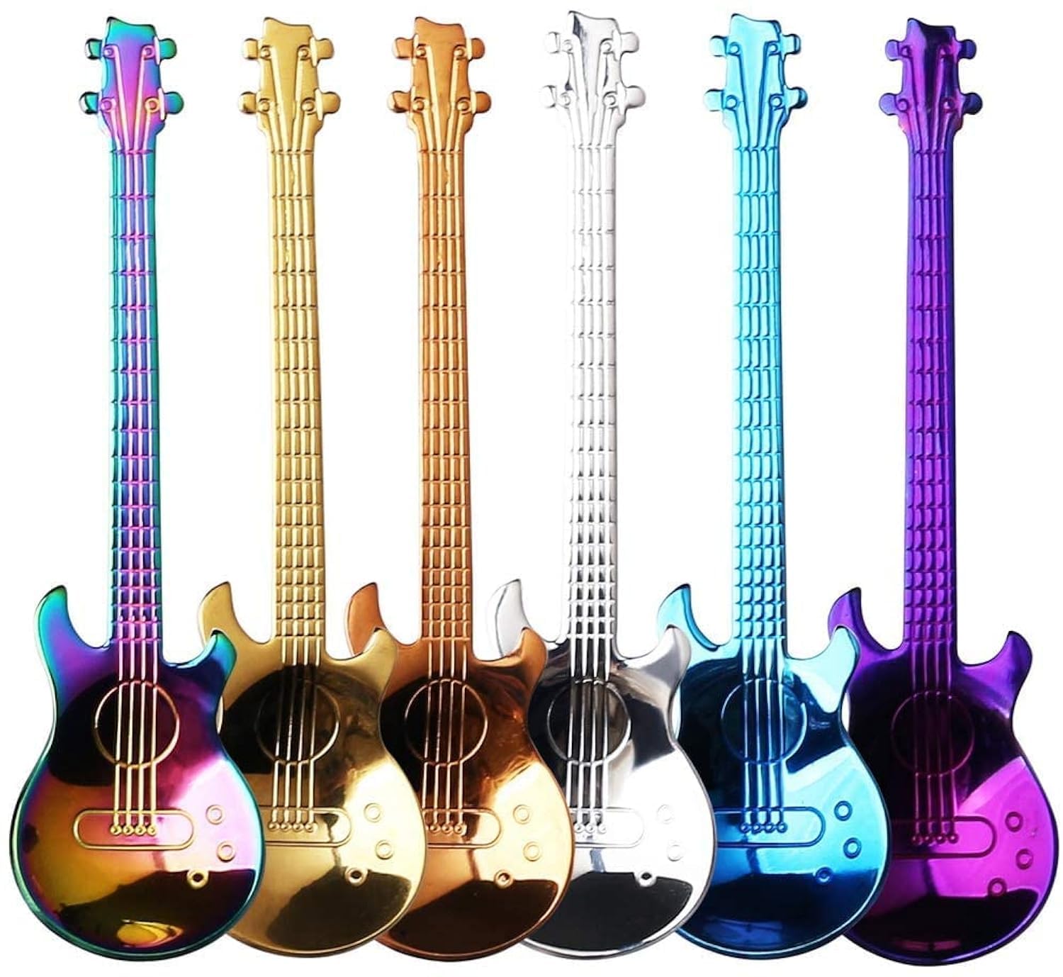 Guitar Coffee Teaspoon, 6-Piece Stainless Steel Teaspoon Dessert Spoon Stirring Beverage Milkshake Jam (Multicolor)