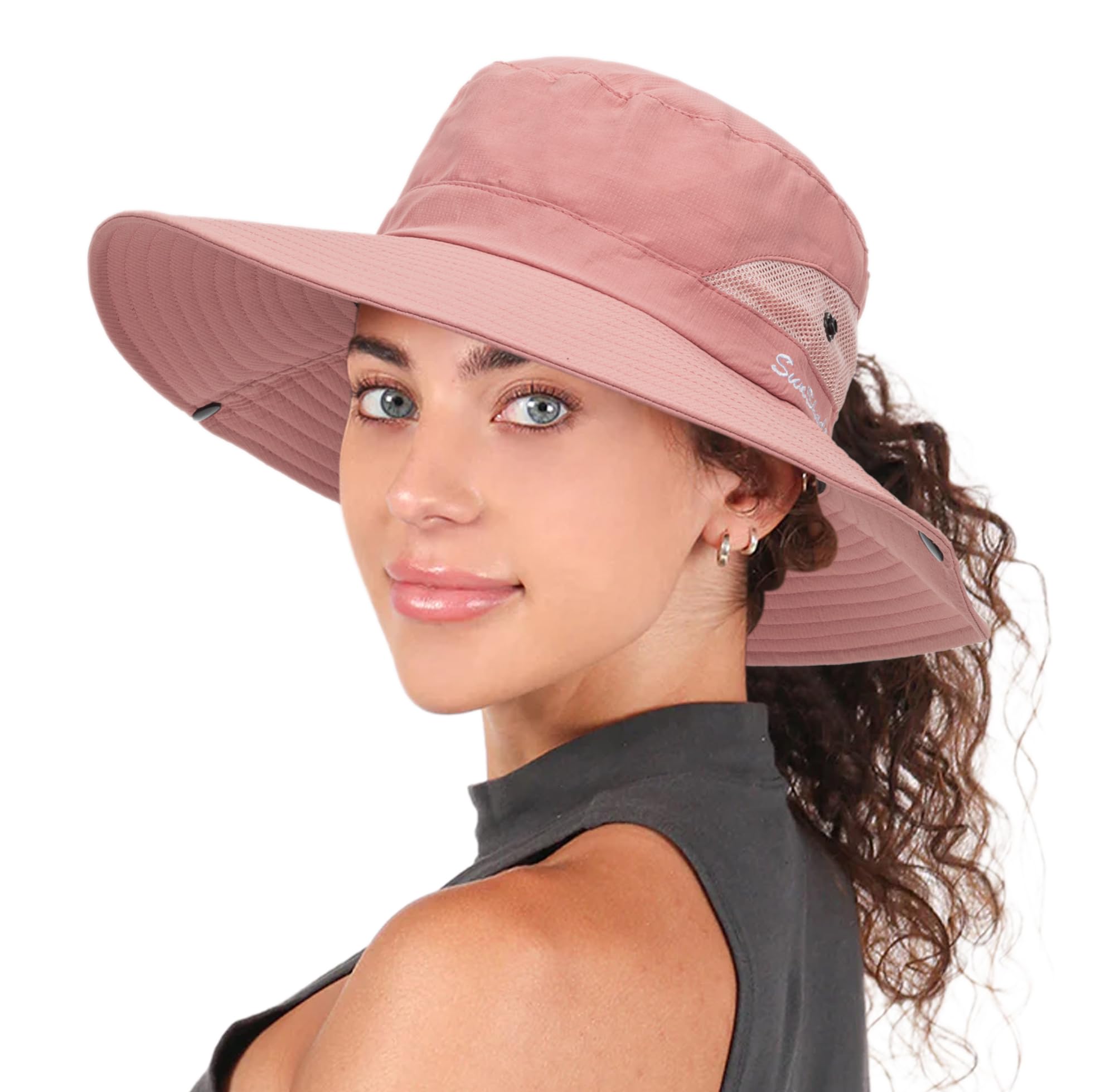 Womens Summer Sun Hat Beach Hat Wide Brim Outdoor UV Protection Hat Packable Mesh Bucket Hat with Ponytail Hole, Solid Pink, M