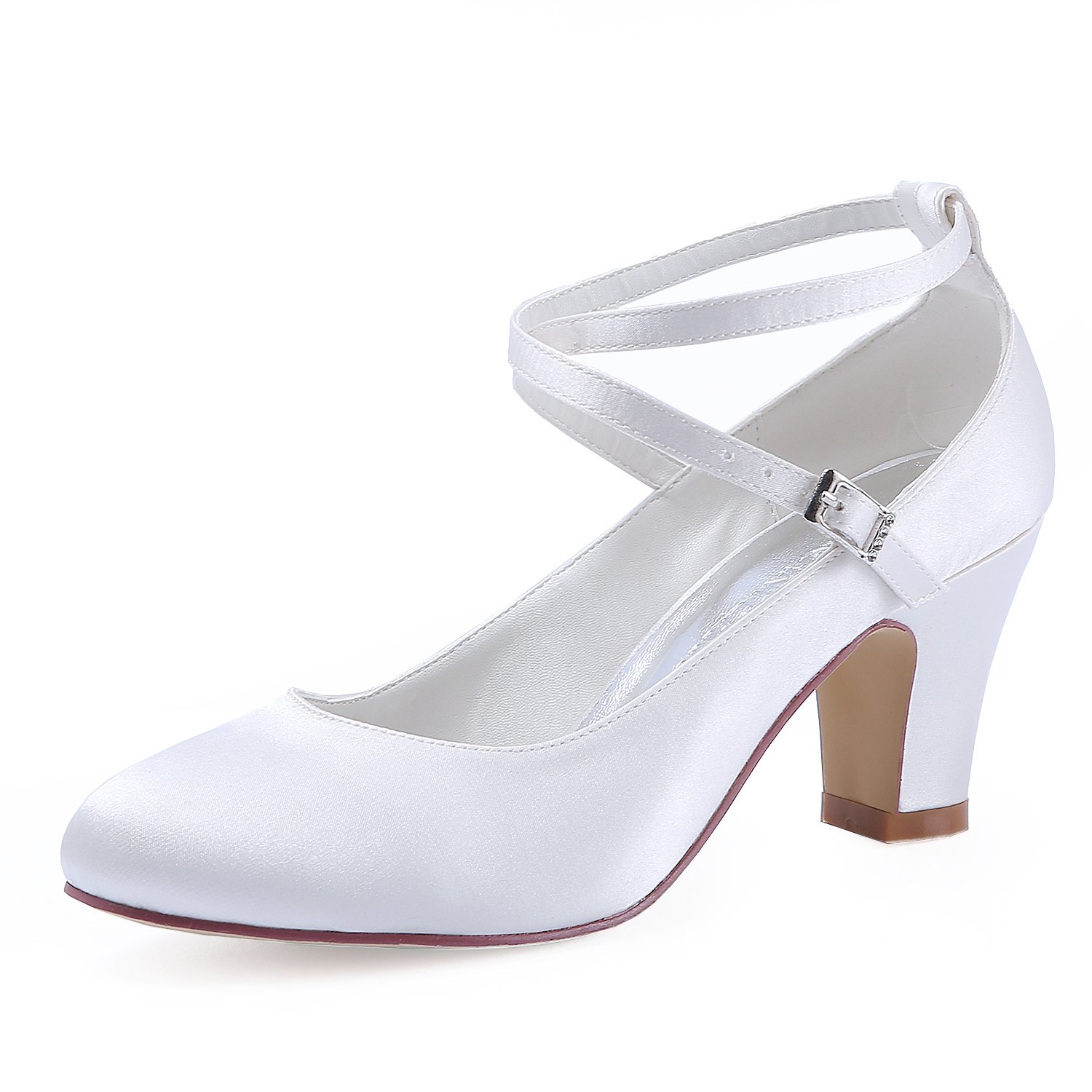 ELEGANTPARK Women Pumps Closed Toe Block Heel Buckle Satin Bridal Wedding Shoes