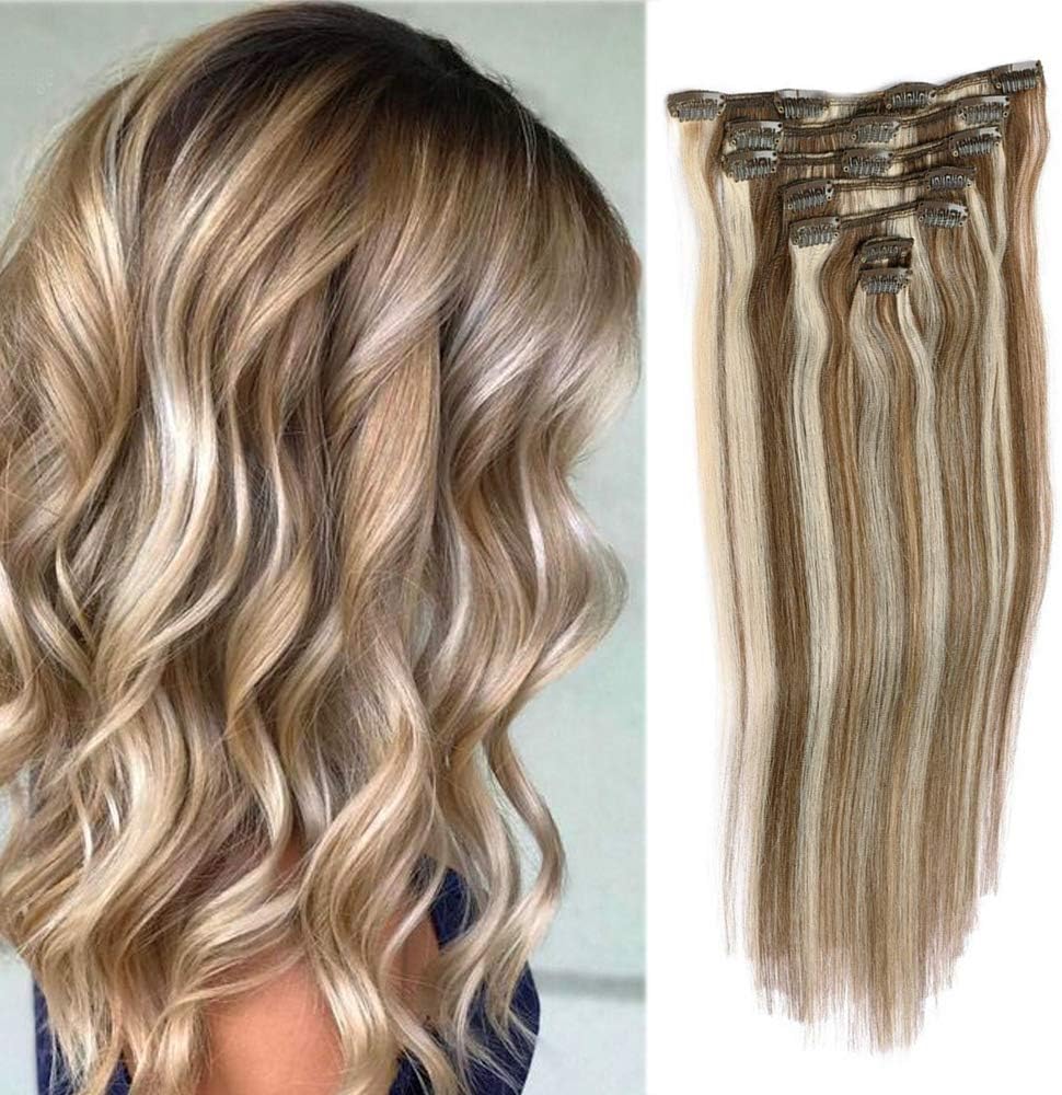 Remy Clip in Hair Extensions Blonde Balayage 70grams 15" Short Straight Human Hair Extensions Clips in Medium Brown to Bleach Blonde Highlights 7 Pieces(#4/613)