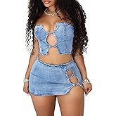 Molilove Denim 2 Piece Outfits For Women Sexy Crop Top Split Mini Skirt Hollow Out Jean Skirt Sets Y2K Summer Party Clubwear