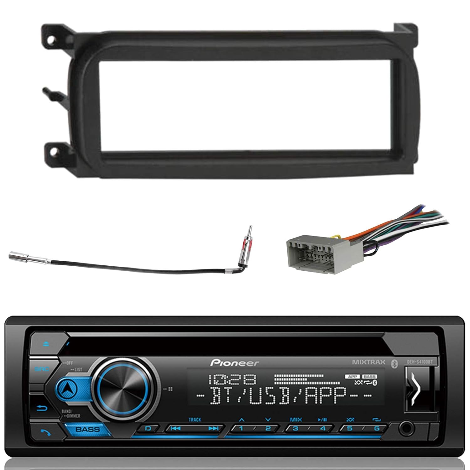 Pioneer Bluetooth In-Dash CD Car Stereo Audio Receiver Bundle Combo w/ Metra 99-6503 Installation Kit for 1998-Up Chrysler/Dodge/Jeep Vehicles, Antenna Adapter Cable, Radio Wiring Harness