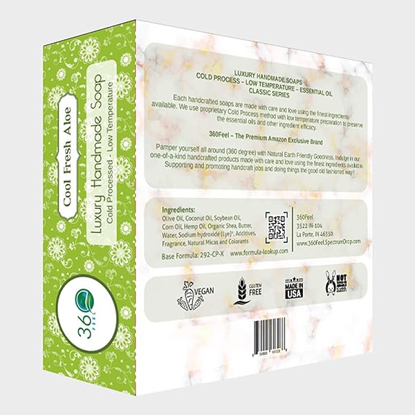360FEEL COOL FRESH ALOE SOAP – HANDCRAFTED CASTILE BAR SOAP WITH SOOTHING SCENT – HANDMADE WITH ESSENTIAL OILS – IDEAL GIFT FOR ANNIVERSARIES, WEDDINGS, AND HOLIDAY STOCKINGS – RICH LATHER – 5 OUNCE