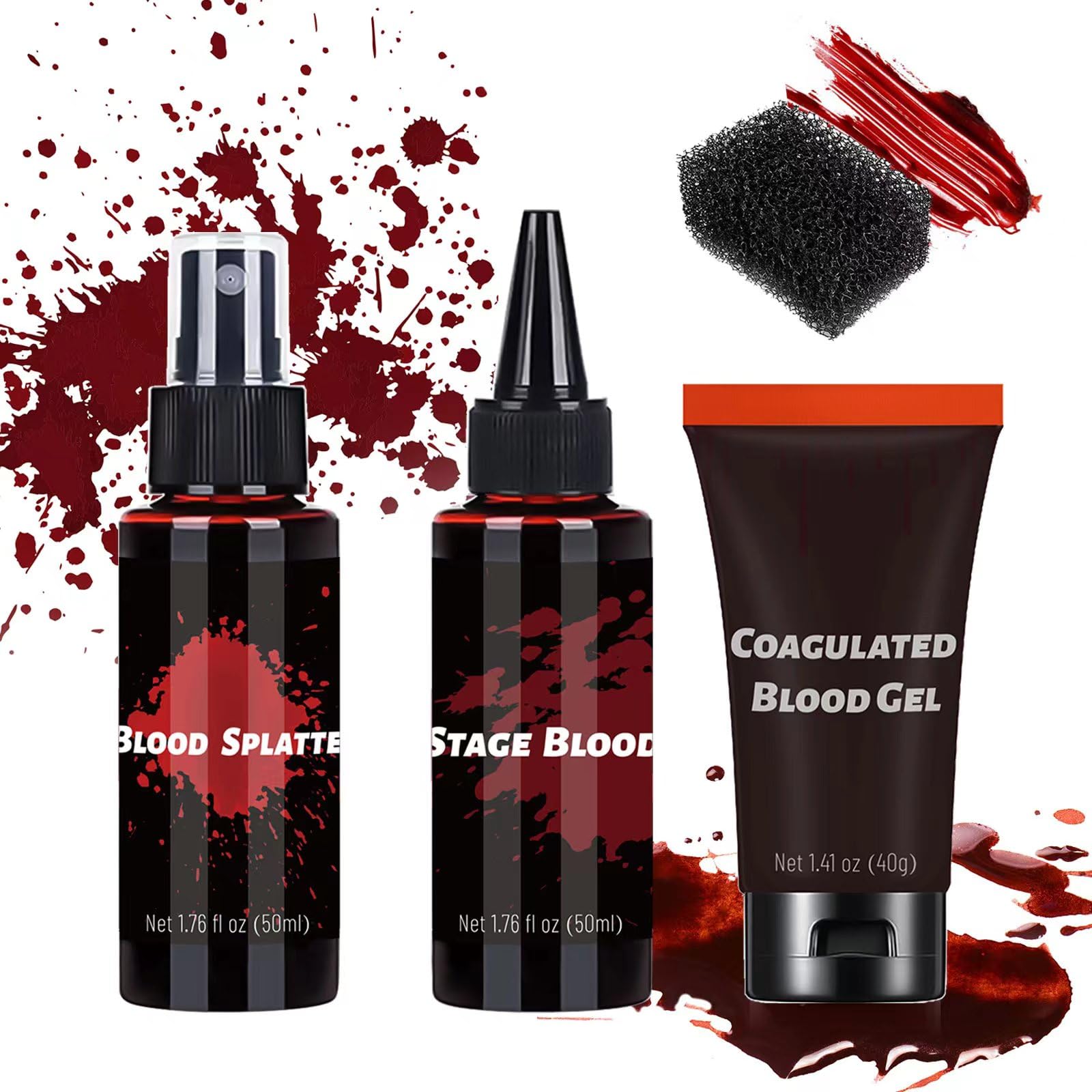 CHASPA Fake Blood SFX Makeup Kit - Coagulated Blood Gel, Blood Splatter, Stage Blood, Stipple Sponge, Realistic Special Effect Makeup Kit for Zombie Vampire Monster Halloween Costume