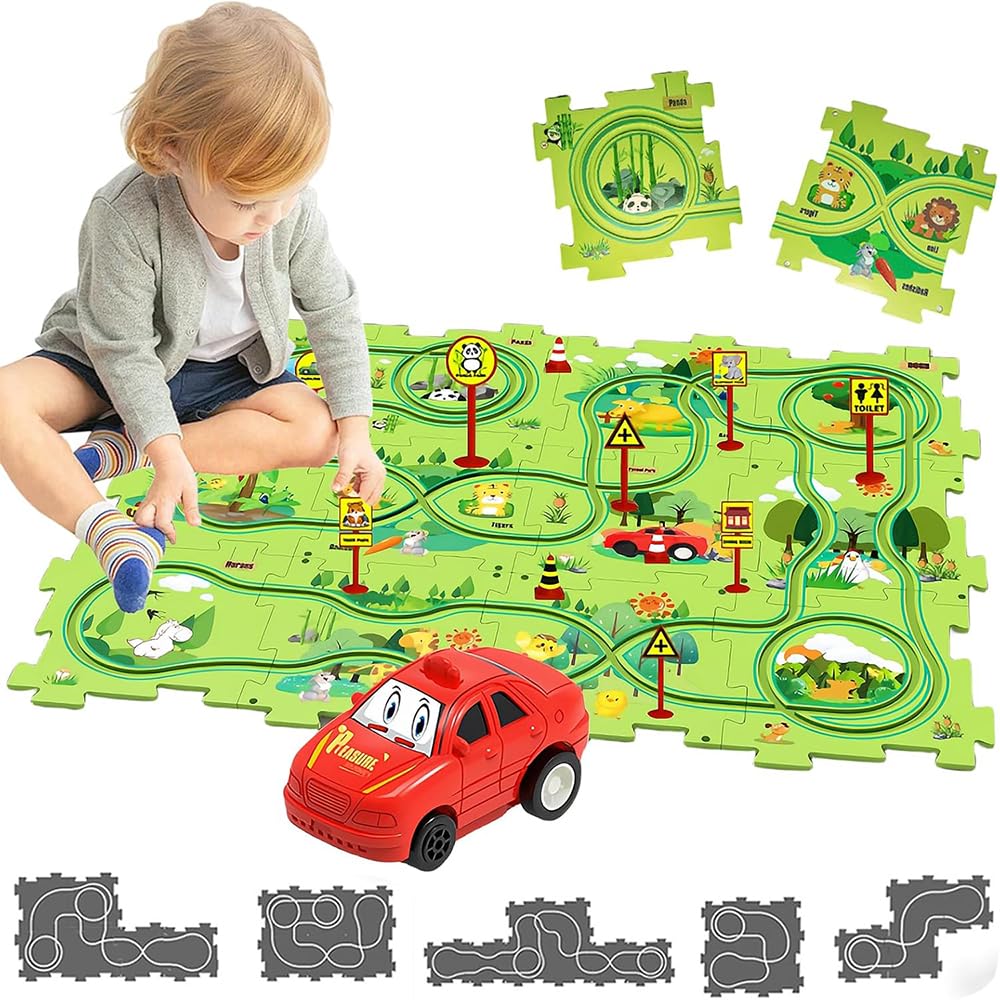 Puzzle Racer Kids Car Track Toy Car Set for Kids DIY 12PCS Puzzle Track Rail Route Educational Game Gift Toys for Children 2 3 4 5 6 Years