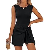 Caracilia Women Summer Sleeveless Bodycon Tie Cinched Waist Romper Skort Mini Dress Built in Shorts Night Out Vacation Dress