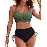 Blooming Jelly Womens High Waisted Bikini Sets Drawstring Tummy Control Swimsuits Crisscross Tie Back Bathing Suit