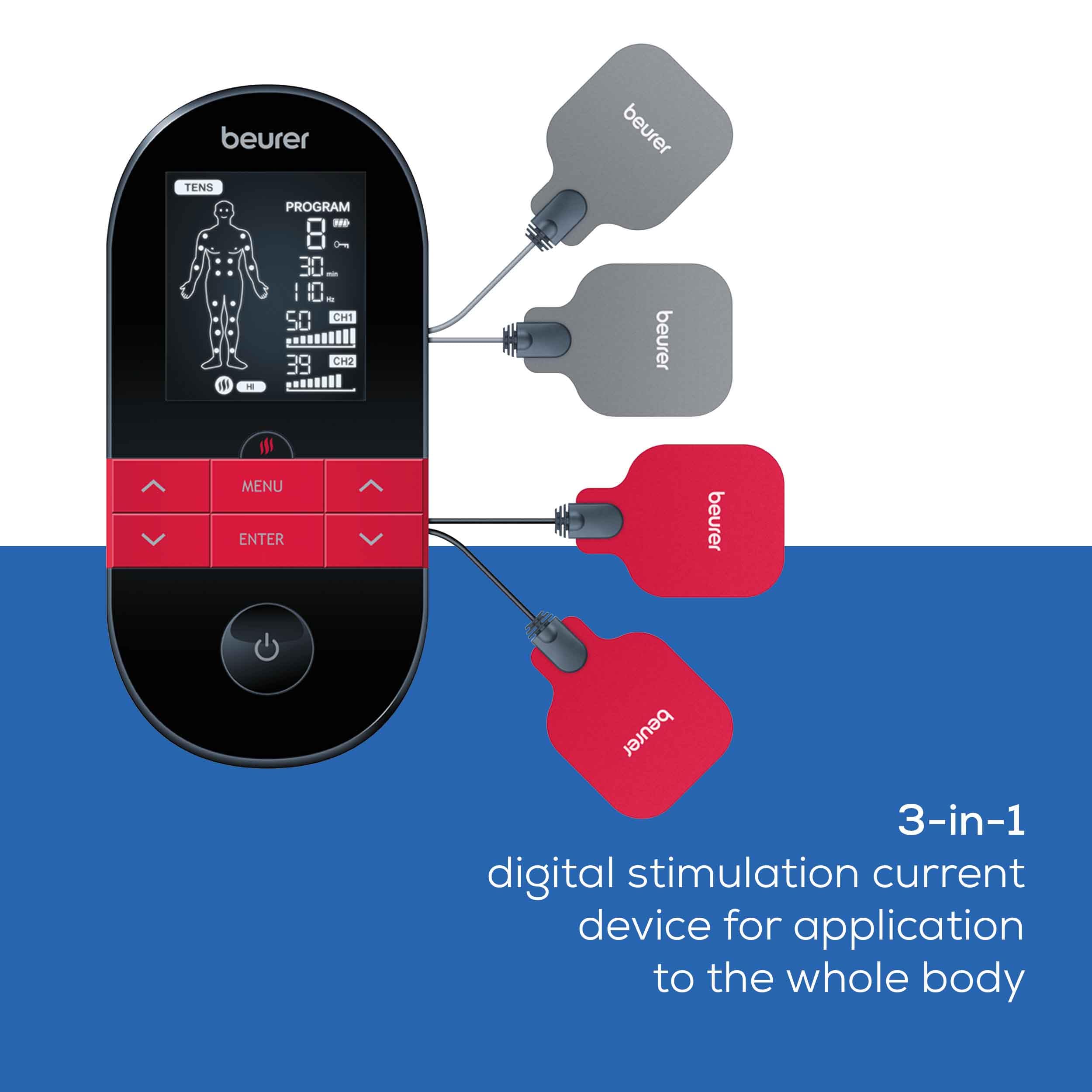 Beurer EM59 Digital 3-in-1 TENS, EMS & Heat Therapy Device for Pain Relief and Massage, Muscle Stimulator with 2 Adjustable Channels, 64 Applications, Timer Function
