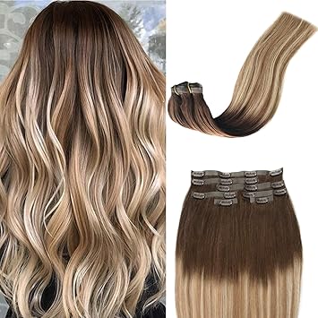 Amazon Com Ombre Balayage Hair Extensions Clip In Human Hair Seamless Pu Tape Skin Weft Clip On Hair Extensions Real Remy Hair Medium Brown To Golden Brown With Platinum Blonde Highlights 100g