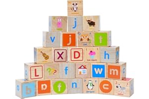 Montessori Mama Wooden Blocks for Toddlers 1-3 - Large 1.6" Hardwood Stacking Blocks with Letters, Shapes, Colors, and Images - Perfect for Early Development and Play