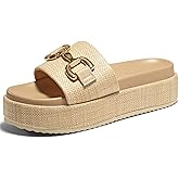 Coutgo Womens Platform Sandals Raffia Espadrilles Metal Chain Slip on Open Toe Cute Beach Slide Sandals