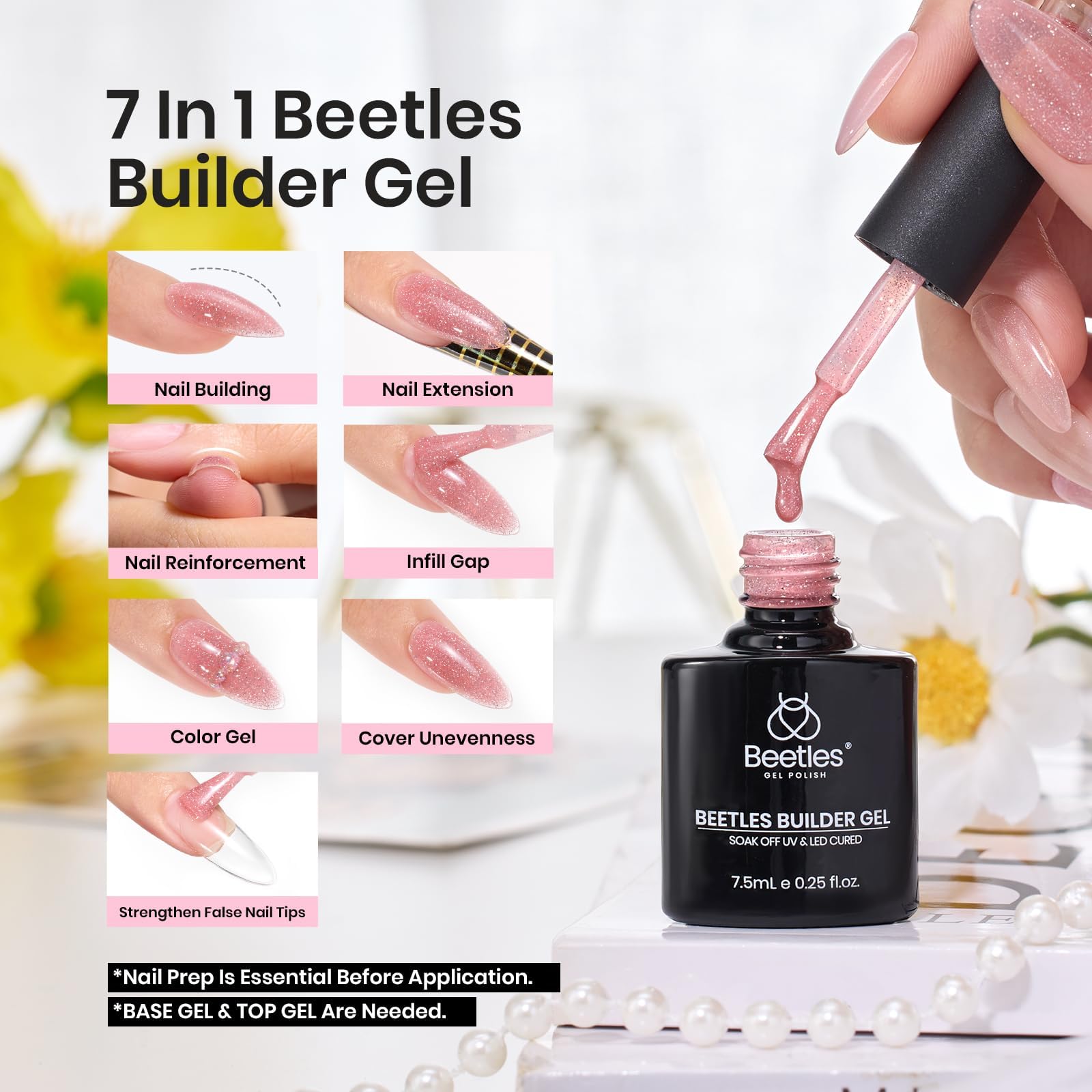 Beetles Builder Gel for Nails, 6 Colors 7 in 1 Nude Pink Glitter Builder Strengthener Gel Set for Nail Apex and Nail Extension Color Nail Art Design Beauty Gift Sets for Women - Image 2