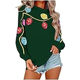 BEIDEFY Christmas Sweatshirts for Women Sequin Christmas Light Long Sleeve Shirt Holiday Crewneck Pullover Tops