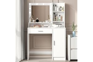 Palimder Vanity Desk with Mirror and Light, Large Drawer and Three Level Storage Dresser, 3 Lighting Modes Adjustable Brightness, Bedroom Dressing Table (White)