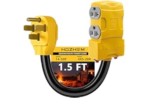 HOZHEM 50 Amp to 20 Amp 110V RV Distribution Adapter, NEMA 14-50P to 4 X 5-20R/15R RV Generator Adapter, 4-Prong to Mutiple Household Outlet w/ 20amp Circuit Breaker, 1.5FT