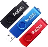 SunData 64GB USB 3.0 Flash Drive 3 Pack Metal Swivel Thumb Drive Black Blue Red