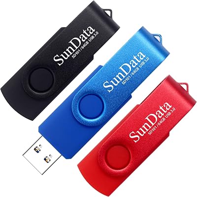 SunData 64GB USB 3.0 Flash Drive 3 Pack Metal Swivel Thumb Drive Black Blue Red