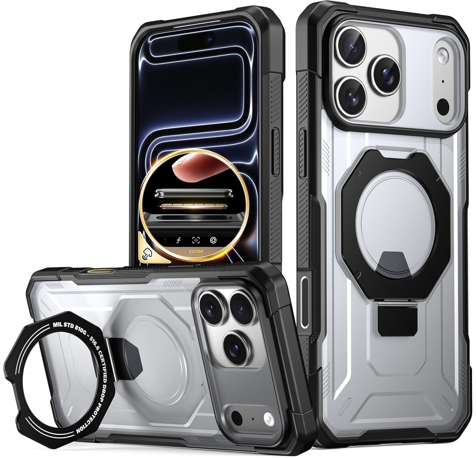 Poetic Spartan Case with Ring Stand for iPhone 17 Pro Max, [Camera Control Button][Magsafe Compatible], Full Body Rugged Shockproof Protective Cover Case, Black/Clear