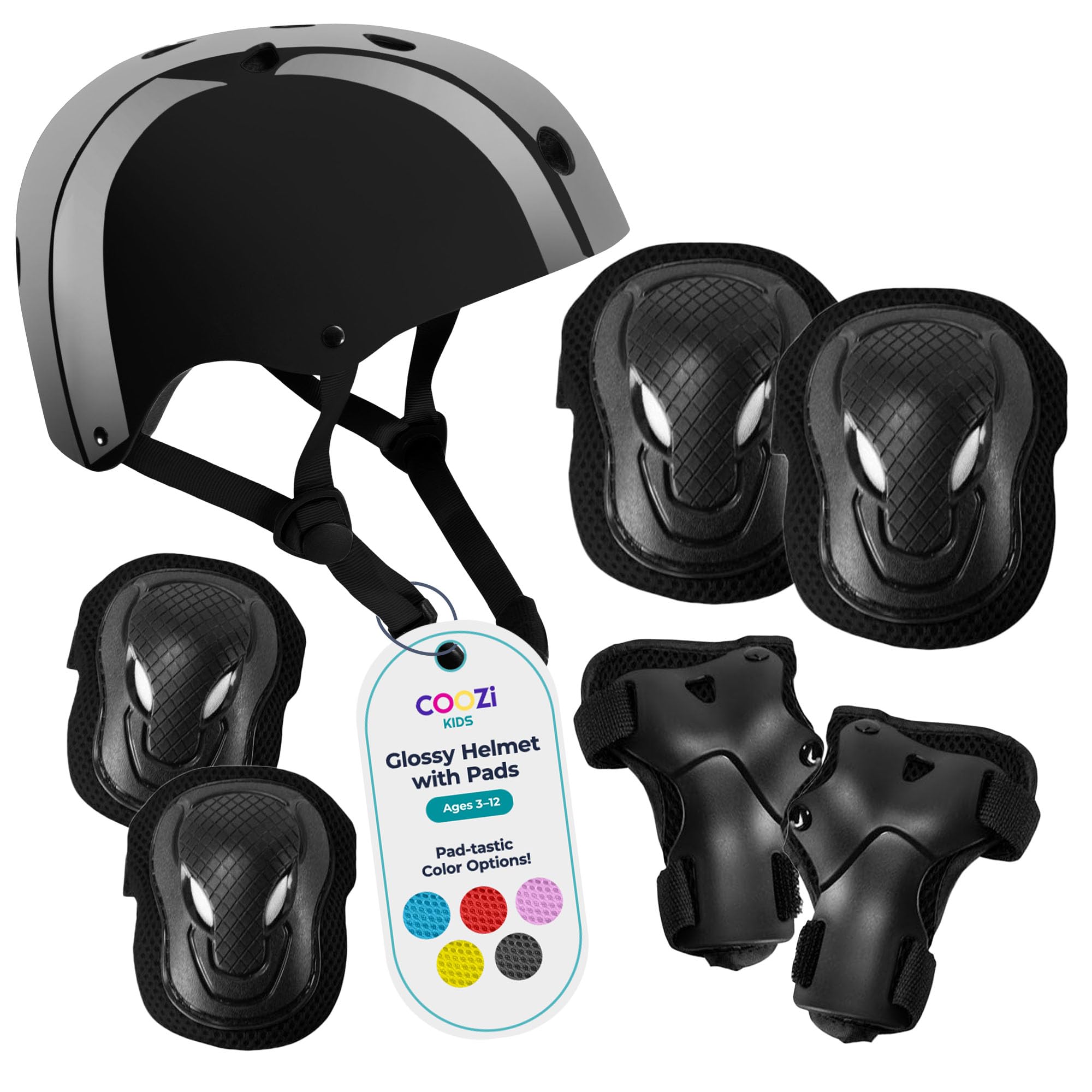 COOZi Glossy Helmet and Pad Set for Kids - Adjustable Protective Gear with Knee, Elbow & Wrist Pads, Safety Set, Cycling, Skateboarding, and Scooting for Boys & Girls Ages 3-12