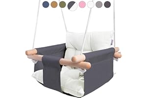CaTeam - Canvas Baby Swing, Wooden Hanging Swing Seat Chair with Safety Belt, Durable Baby Swing Chair, Outdoor and Indoor Swing for Kids, Mounting Hardware Included, Gray-White