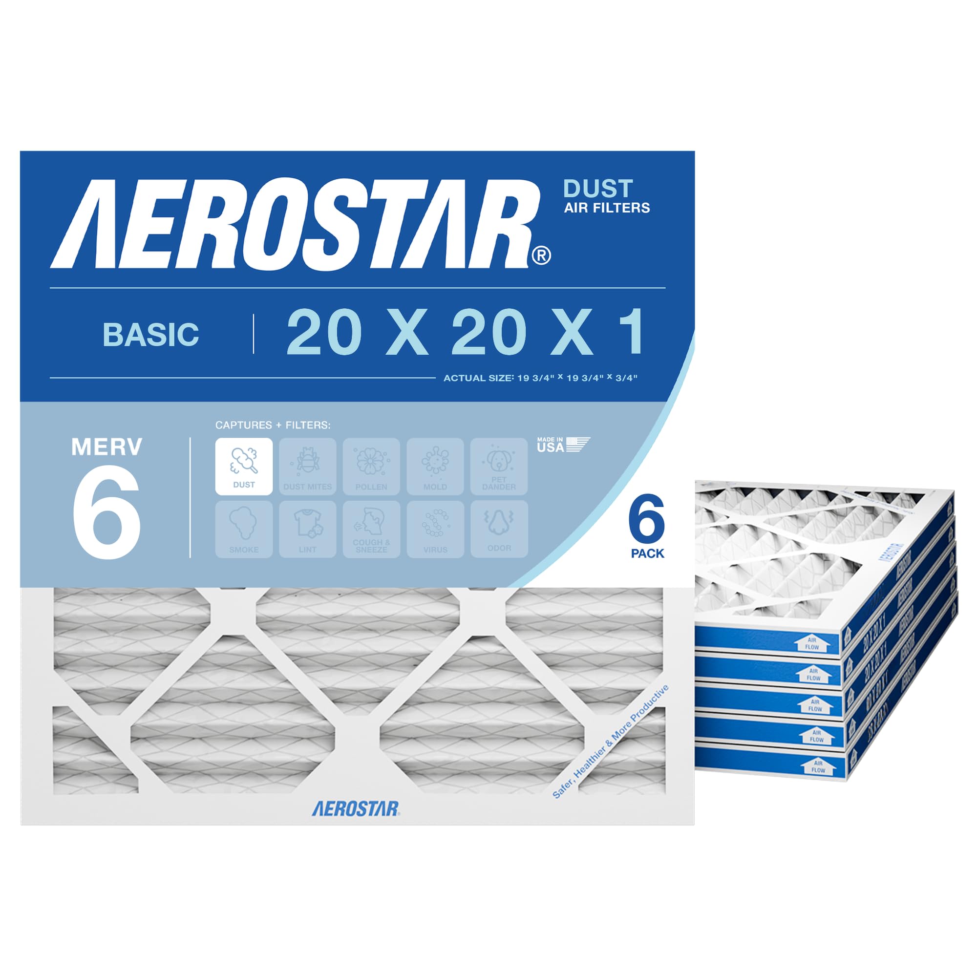 Aerostar 20x20x1 MERV 6 Air Filter, 6 Count, ACTUAL SIZE (19.75 x 19.75 x 0.75)
