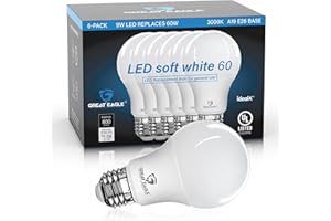 GREAT EAGLE LIGHTING CORPORATION Great Eagle A19 LED Light Bulbs 60 Watt Equivalent- UL Listed – 3000K LED Light Bulbs- Non-dimmable Light Bulbs 60 Watt Soft White - Indoor & Outdoor Led Lightbulbs (6 Pack)
