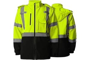 SHORFUNE High Visibility Softshell Waterproof Safety Jacket for Men, Class 3 Reflective Work Jackets with Pockets, Detachable Hood and Sleeves &Black Bottom, XXL, Yellow