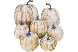 WINLYN 7 Pcs Assorted Sizes Fall Artificial Pumpkins Harvest Pumpkins Faux Foam Pumpkins for Fall Autumn Season Halloween Thanksgiving Harvest Holiday Season Festive Tabletop Decoration (Gold Brush White)
