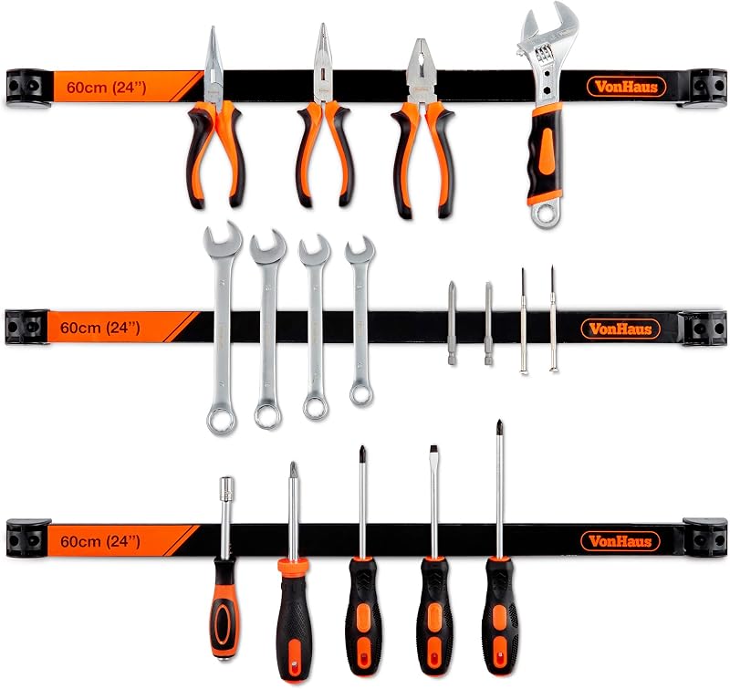 VonHaus Magnetic Tool Holder Strip Set 3x60cm Garage Wall Mount Organiser