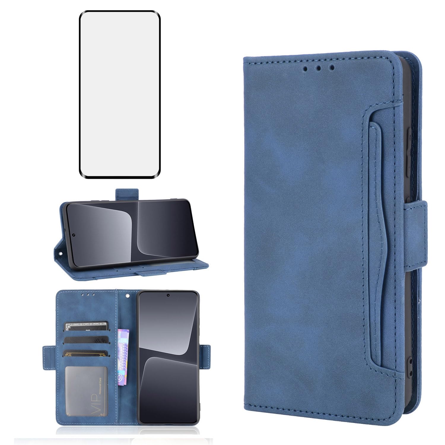 Asuwish Compatible with Xiaomi 13 Pro Wallet Case and Tempered Glass Screen Protector Card Holder Stand Leather Flip Cell Accessories Phone Cover for Mi 13Pro 5G Women Men Blue