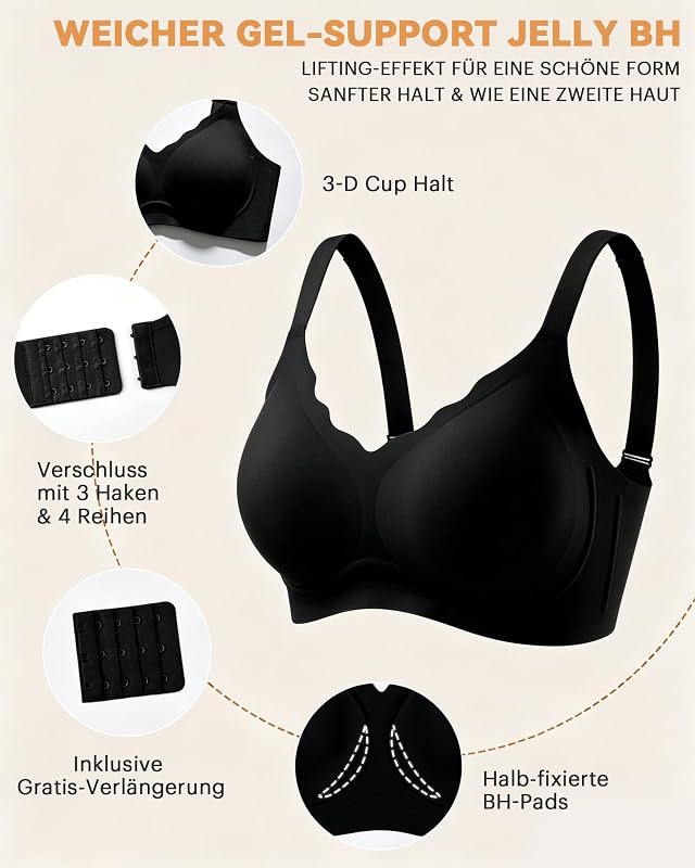 BH Damen Ohne Bügel Seamless Gepolstert Komfort Tiefer V Schwarz L